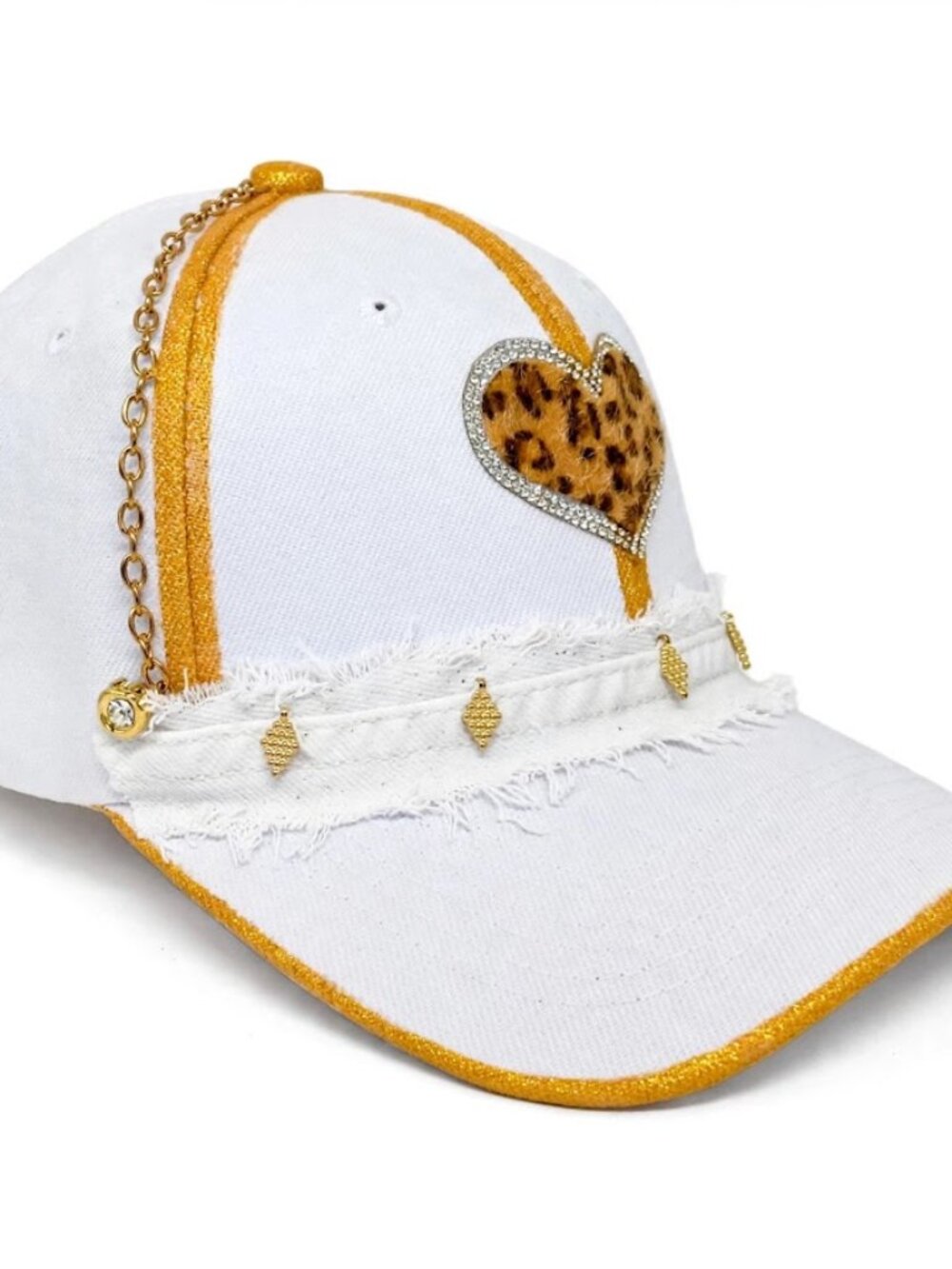 White Gold Leopard Heart Trucker Cap Rhinestone Chain Boho Hat NWT
